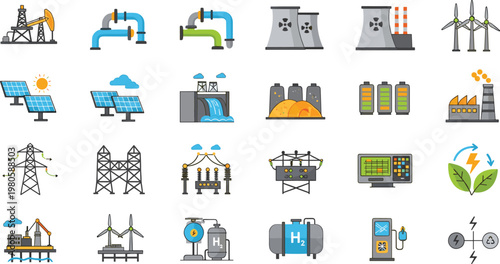 Energy and Renewable Resources Icon Set Featuring Oil, Solar, Wind, Hydro, Nuclear, Hydrogen, and Power Grid for Sustainable Energy Design