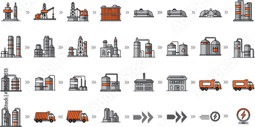 Industrial Process Flow Icon Set Featuring Oil Refinery, Factories, Storage Tanks, Trucks, and Power Generation for Energy and Manufacturing Design