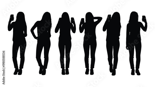 A row of seven silhouetted women posing with phones demonstrating modern communication and digital lifestyles