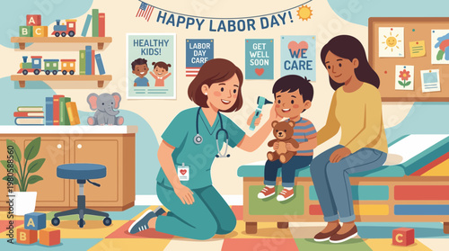 Pediatrician examining a child in a colorful clinic illustration