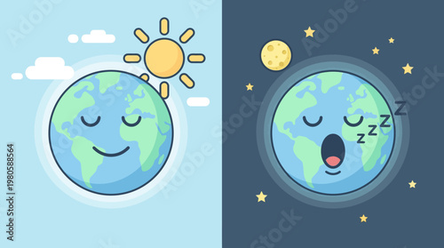 Cute Earth Character Day and Night Cycle Illustration, Planet Earth Rotating with Sun and Moon, Flat Vector Design for Education and Environmental Awareness