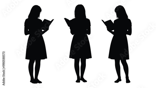 Three women stand in silhouette each intently reading an open book against a white background