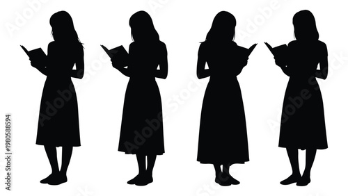 Four women stand in silhouette each engrossed in reading an open book