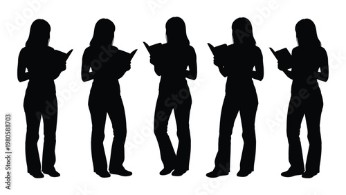 Five silhouettes of women reading books depicted in a continuous line against a white background
