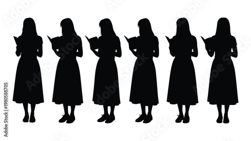 A line of six women are depicted in silhouette each intently reading books or holding them