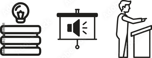 Business presentation, education icons, line art symbols, lecture and learning graphics, black and white illustrations