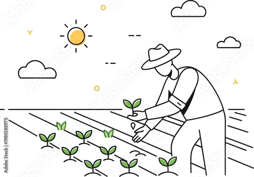 Farmer carefully plants new green seedlings in a cultivated field under the bright sun, illustrating sustainable agriculture and growth.