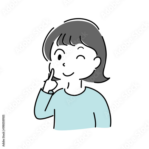 ウインクする女性 頬に指を当てる ポイント OK サイン シンプル イラスト 笑顔 人物 ベクター / Winking woman touching cheek OK sign tip smiling character vector