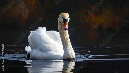 A white swan swims serenely on dark water