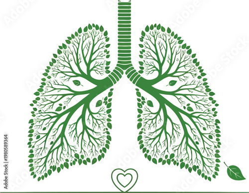 An abstract illustration depicting human lungs made of vibrant green tree branches and leaves, symbolizing concepts of health, nature, and clean air.