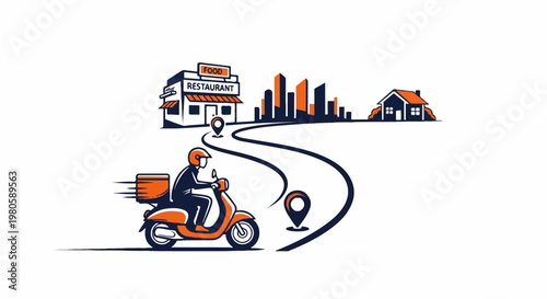 A delivery person on a scooter heads towards a house from a restaurant in a city