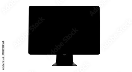 A sleek computer monitor displays nothing on its screen in a dark setting.