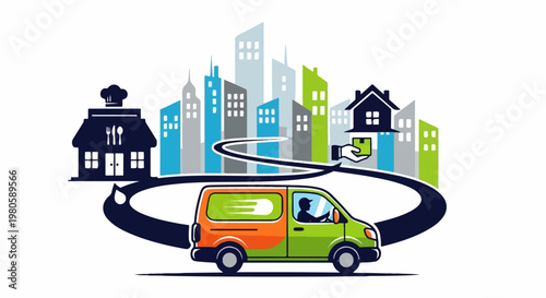 A delivery service connects a restaurant to a house through a city