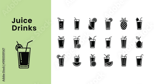Modern vector illustration showcasing a diverse assortment of fresh juice and refreshing beverage icons for digital design.