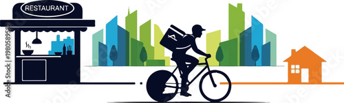 A cyclist delivers food from a restaurant through a stylized city to a house