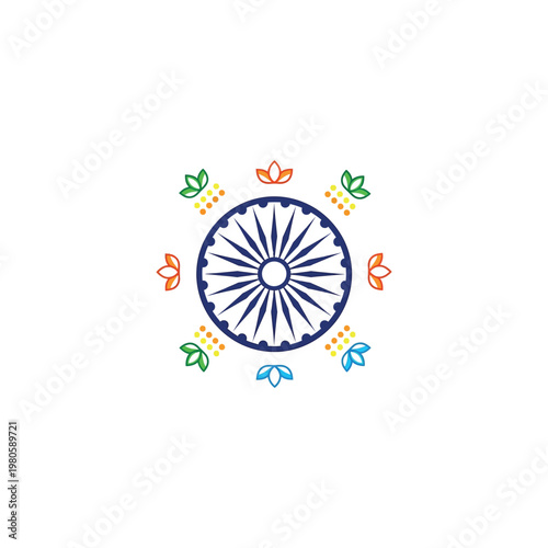 The Ashoka Chakra symbol is surrounded by colorful flowers and leaves in a circular pattern.