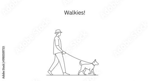 Minimalist line art illustration of a man walking his dog.
