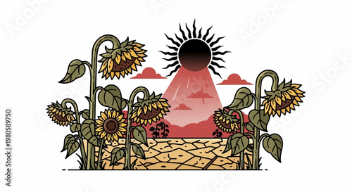 Sunflowers wilt in a dry landscape under a dark, eclipsing sun with red rays