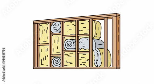 Illustration of a wooden wall frame filled with insulation material