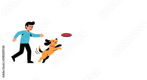 A young man playing with his cute dog with a flying disc.