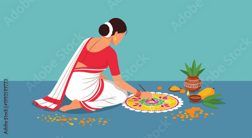 An Indian woman in a traditional saree creating a colorful rangoli design on the floor with festive elements like fruits and a pot nearby, celebrating a cultural tradition.