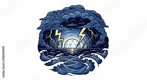 Dramatic moonlit seascape with crashing waves, lightning, and dark storm clouds