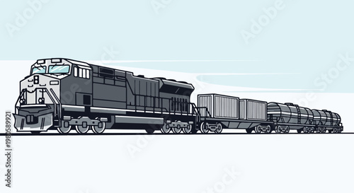 A gray diesel engine pulls a train of container and tank cars across a simple background