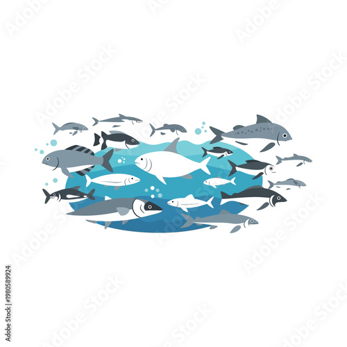 Schools of fish swim together in ocean waters with various species present.