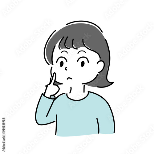 考える女性 頬に手を当てて悩む シンプル イラスト 疑問 検討 迷い 人物 ベクター / Thinking woman touching face confused worried character vector