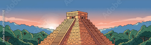 Ancient pyramid structure with jungle and sunset sky
