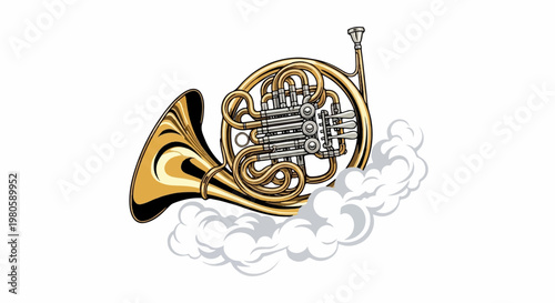 A brass horn with intricate valves is depicted, emerging from stylized white clouds