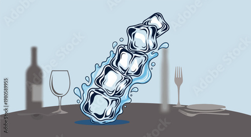 Stylized ice cubes cascade with splashing water, set on a table with bottle, glass, and cutlery