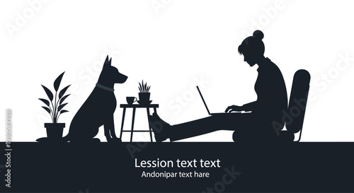 Silhouette of a woman working on a laptop with her dog sitting nearby.