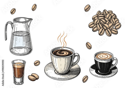 Hand-drawn coffee essentials beans, water, espresso, and cappuccino, for delightful drink illustration