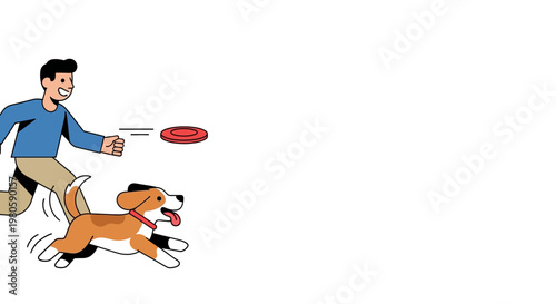 Illustration of a Man Playing Fetch with His Beagle Dog.