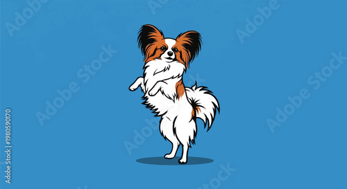 A playful cartoon papillon dog stands on its hind legs, begging with a happy expression