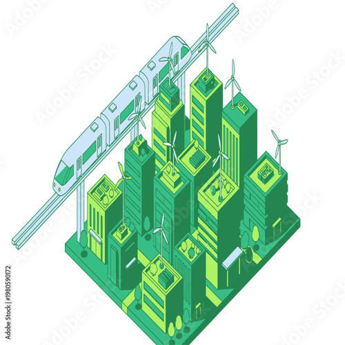 Cityscape with train and skyscrapers.