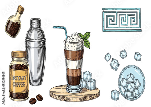 Artistic collection of refreshing chilled coffee drink ingredients, tools, and a delightful layered beverage