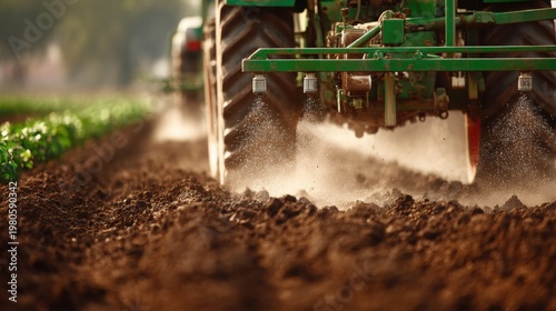 Green tractor precisely applies organic fertilizers to rich soil in a farming field