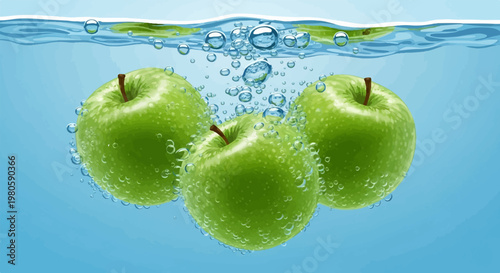 Three bright green apples submerged in clear blue water, covered in small bubbles