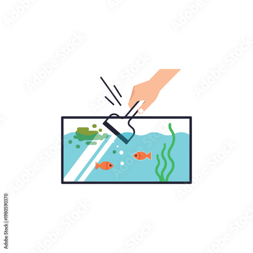 A hand uses a scraper to clean an aquarium with fish and algae.