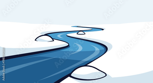 A winding river flows through a snow-covered landscape under a bright sky