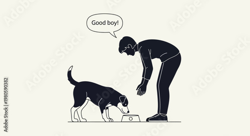 A man praising his dog while feeding it from a bowl.
