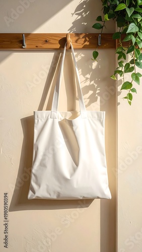 A white tote bag hangs on a wooden rack beside a plant