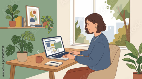 Cozy home office scene with a woman working on a laptop by plants and coffee.