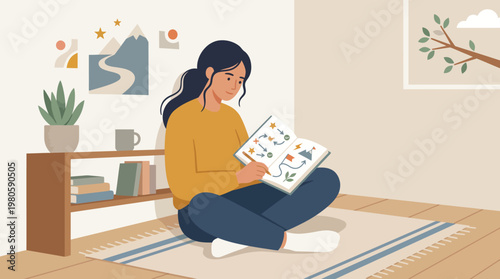 Young woman relaxing at home reading a magazine while sitting on a rug with plants and framed art.