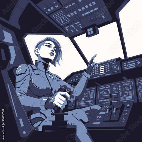 Woman pilot in cockpit controls.