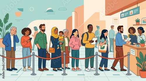 Diverse crowd waiting in line at a storefront cafe in an urban setting.