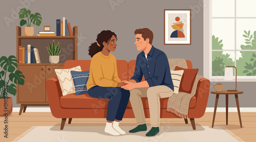 Warm Living Room Conversation Between Two People on a Cozy Couch.