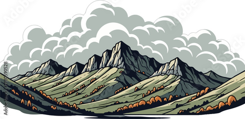 Rugged mountain peaks pierce a cloudy sky over rolling, textured hillsides